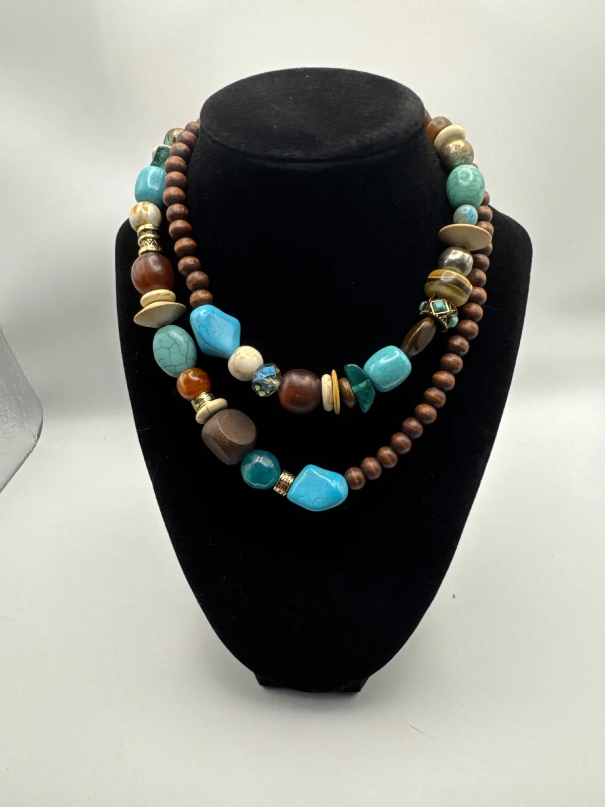 Layer mixed stone bead necklace agate and turquoise